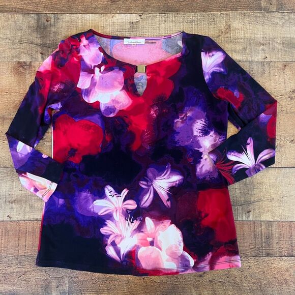 Calvin Klein XS Liquid Knit Blouse Red Purple Keyhole 3/4 Sleeves - Picture 5 of 8